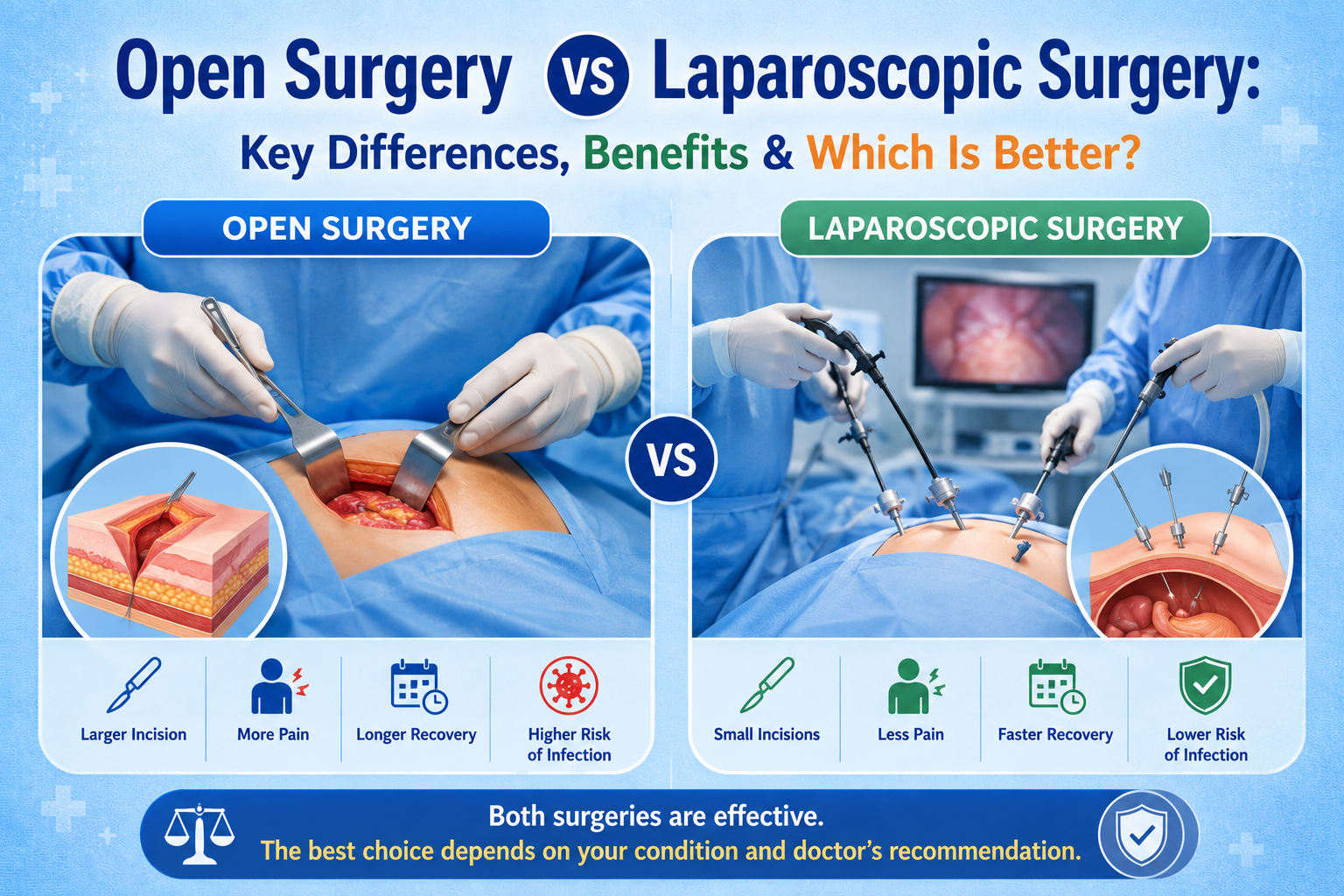 Compare open surgery vs laparoscopic surgery, including benefits, risks, recovery time, costs, and which procedure is best for different medical conditions.
